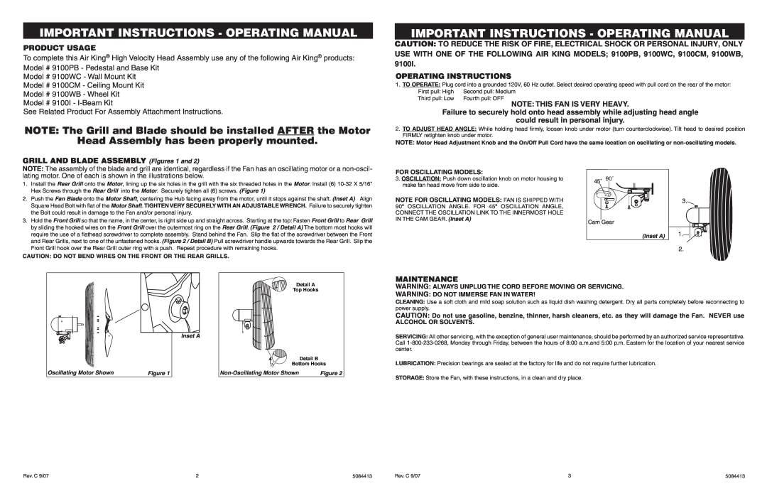 Air King 9135H Important Instructions - Operating Manual, NOTE The Grill and Blade should be installed AFTER the Motor 