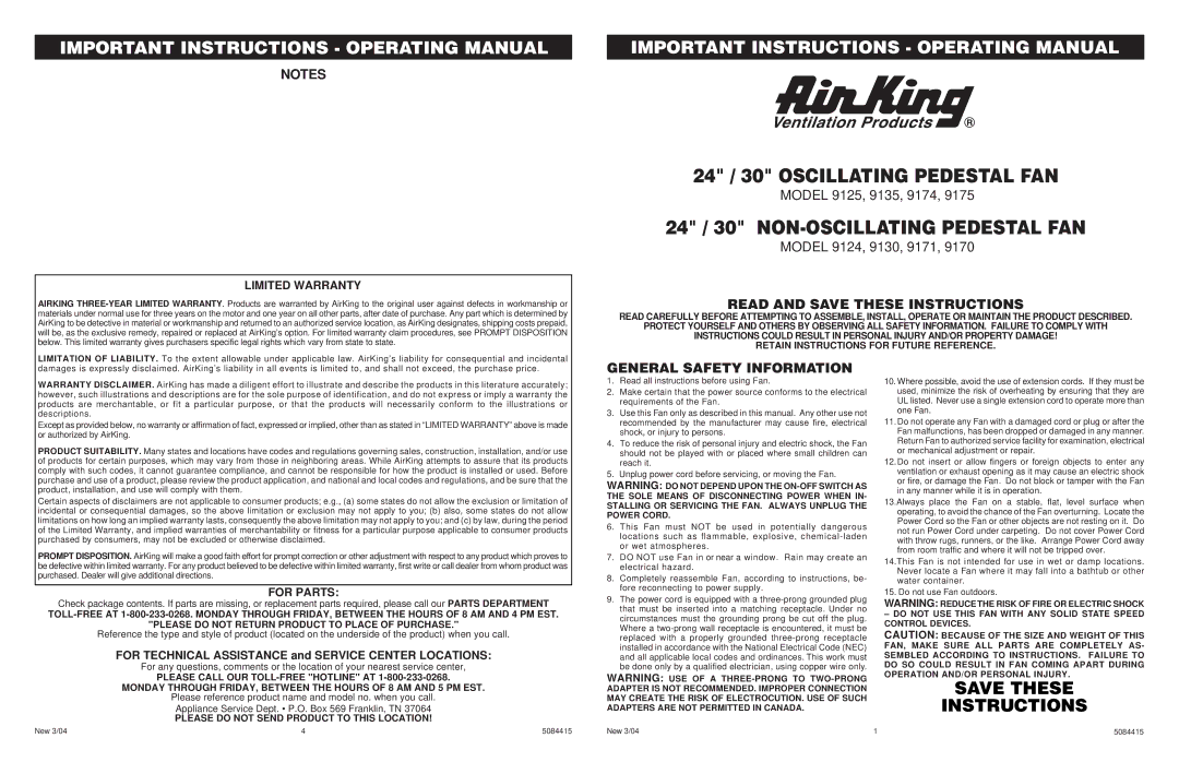 Air King 9125, 9175 warranty Read and Save These Instructions, General Safety Information, Limited Warranty, For Parts 