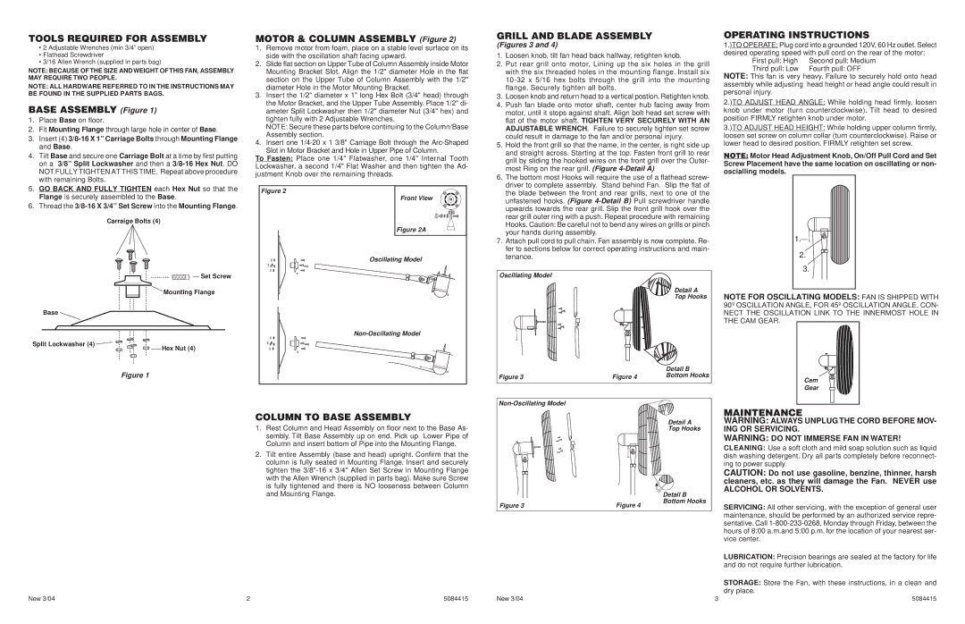 Air King 9135, 9175 Tools Required for Assembly, Grill and Blade Assembly, Operating Instructions, Column to Base Assembly 