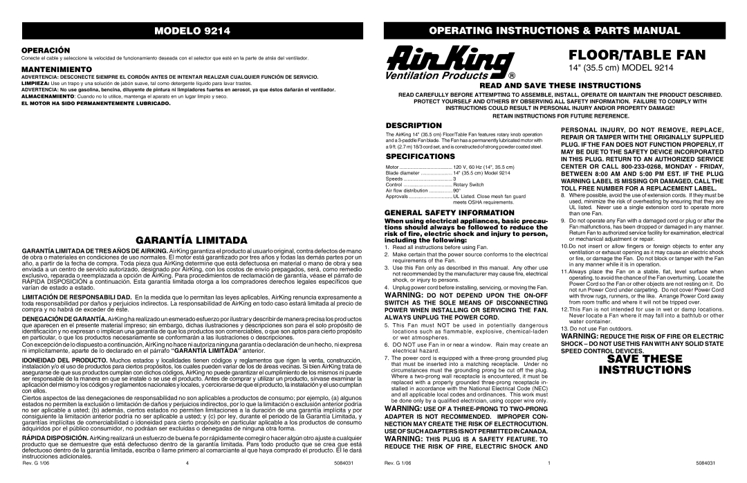 Air King 9214 specifications Operación, Mantenimiento, Read and Save These Instructions, Description, Specifications 