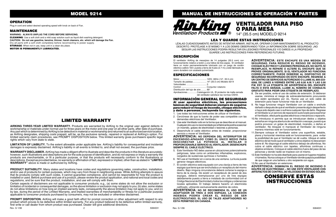 Air King 9214 specifications Operation, Maintenance, LEA Y Guarde Estas Instrucciones, Descripción, Especificaciones 