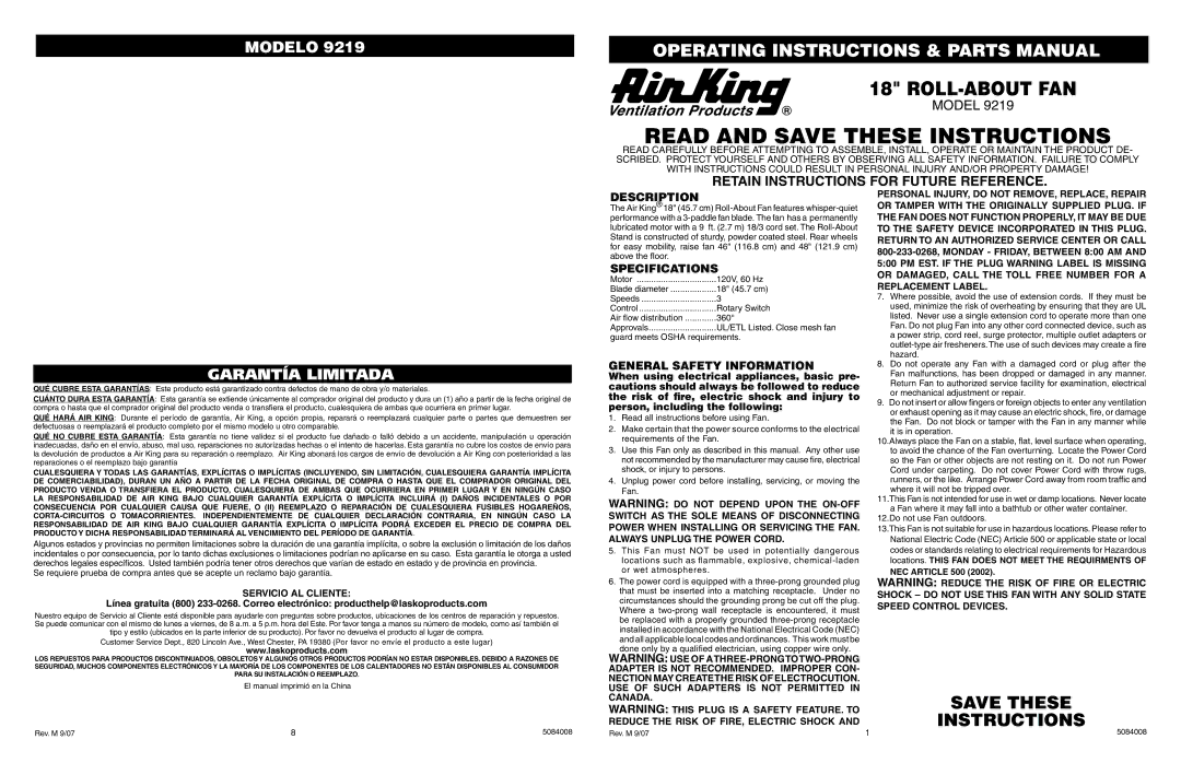 Air King 9219 specifications Description, Specifications, General Safety Information 