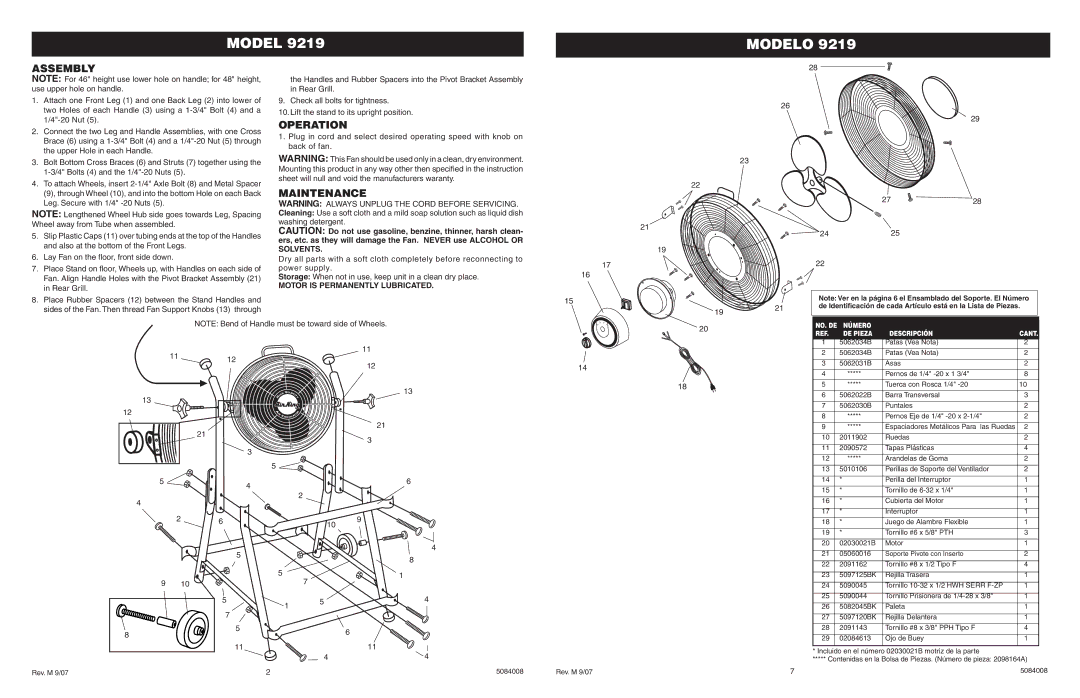 Air King 9219 specifications Assembly, Operation, Maintenance, Solvents, Motor is Permanently Lubricated 