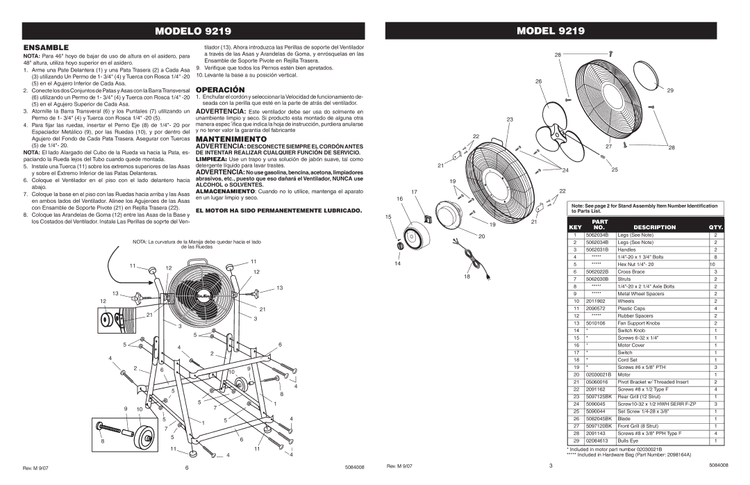 Air King 9219 specifications Ensamble, Operación, Mantenimiento, EL Motor HA Sido Permanentemente Lubricado 