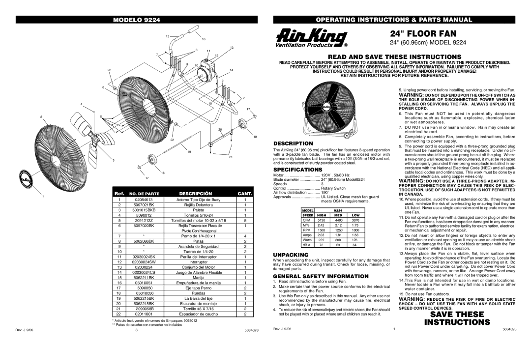 Air King 9224 specifications Description, Specifications, Unpacking, General Safety Information 