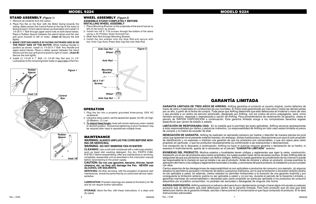 Air King 9224 specifications Stand Assembly Figure, Wheel Assembly Figure, Operation, Maintenance 