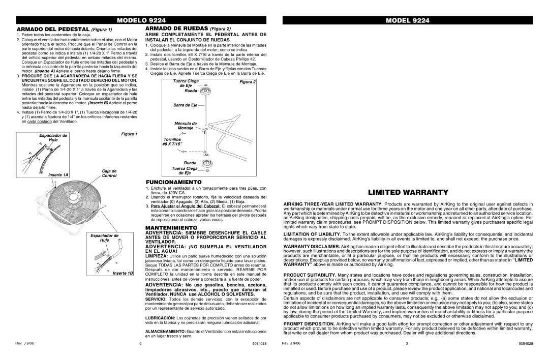 Air King 9224 specifications Armado DEL Pedestal Figura, Armado DE Ruedas Figura, Funcionamiento, Mantenimiento 