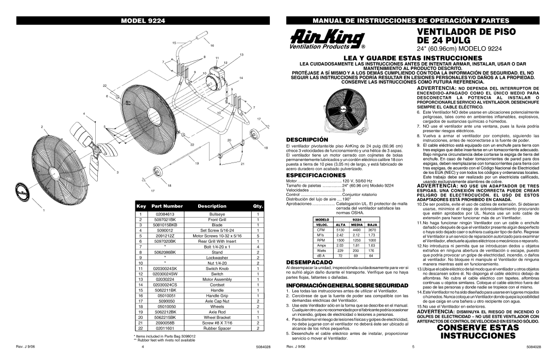 Air King 9224 specifications Descripción, Especificaciones, Desempacado, Informacióngeneralsobreseguridad 