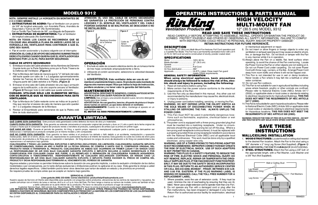 Air King 9312 specifications Read and Save These Instructions, Operación, Mantenimiento, WALL/CEILING Installation 