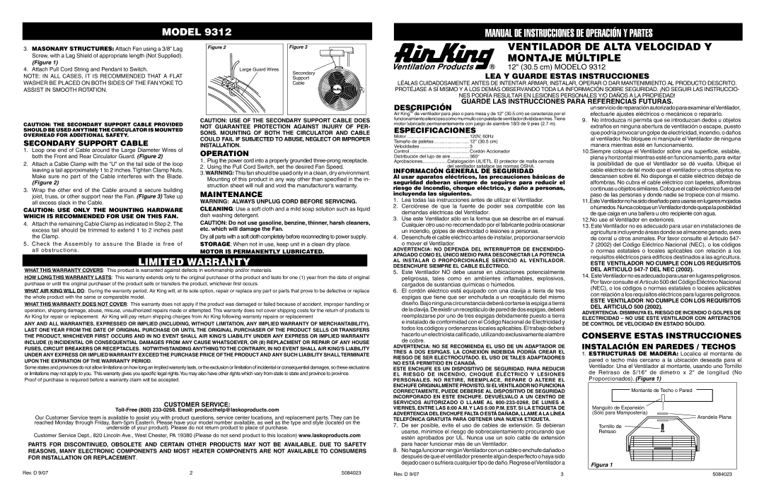 Air King 9312 specifications LEA Y Guarde Estas Instrucciones, Descripción, Secondary Support Cable, Operation, Maintenance 