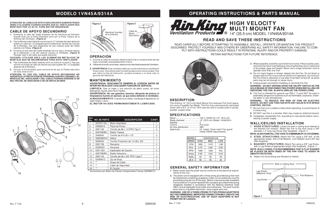 Air King 1VN45, 9314 specifications Cable DE Apoyo Secundario, Operación, Mantenimiento, Description, Specifications 