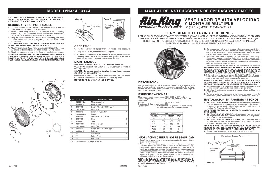 Air King 9314, 1VN45 specifications Secondary Support Cable, Operation, Maintenance, Descripción, Especificaciones 