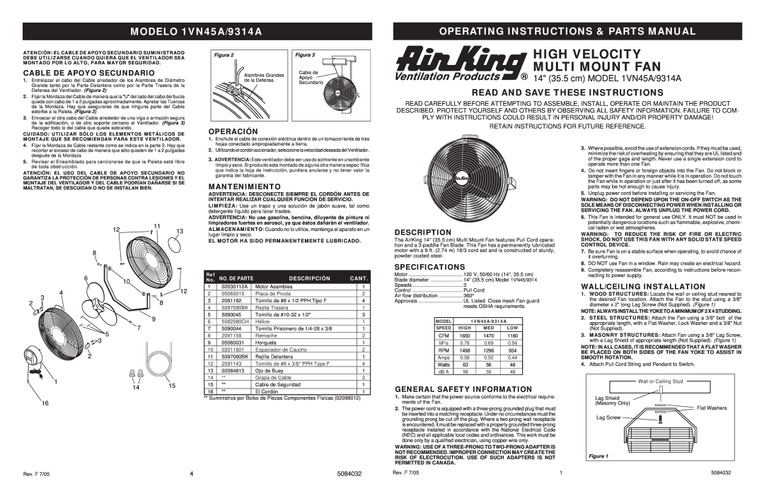Air King specifications MODELO 1VN45A/9314A, Operating Instructions & Parts Manual, Read And Save These Instructions 