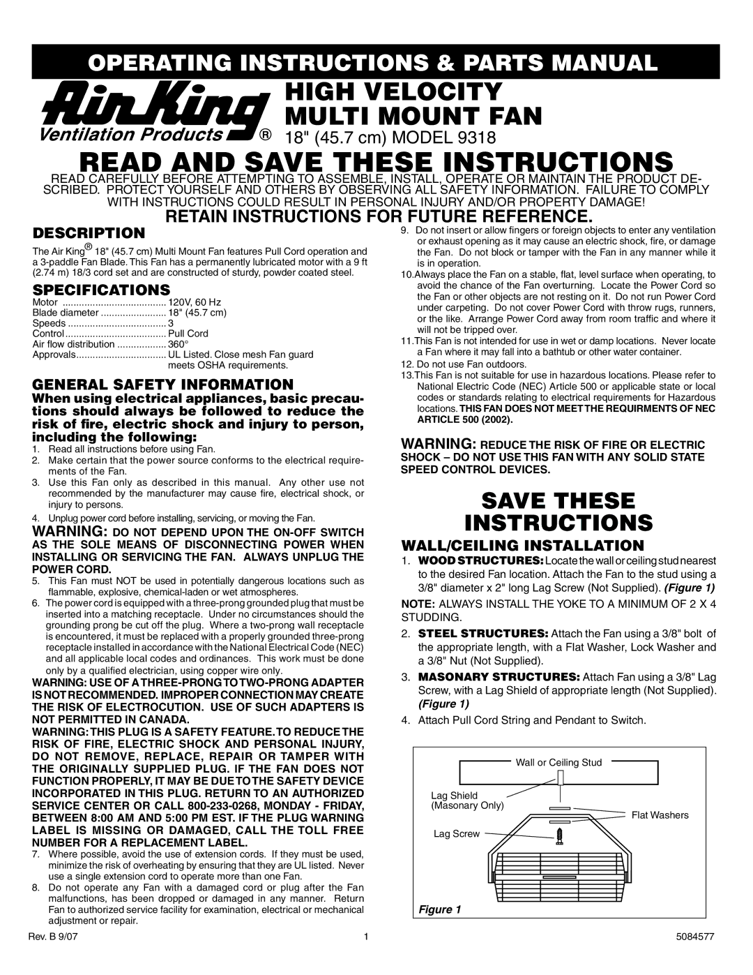 Air King 9318 operating instructions Description, Specifications, General Safety Information, WALL/CEILING Installation 