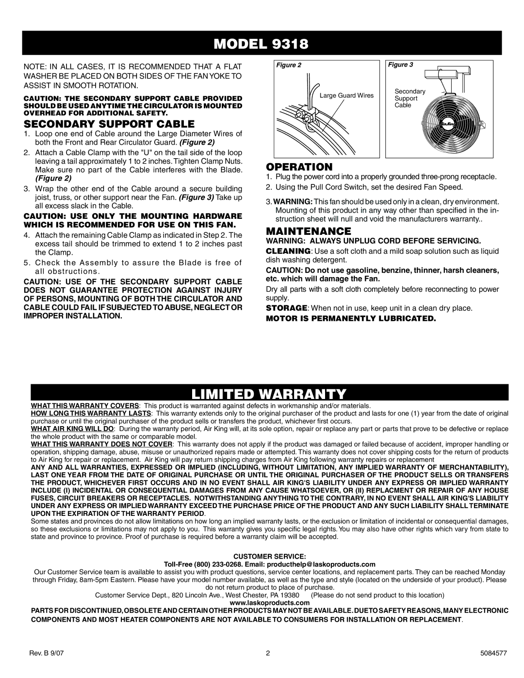 Air King 9318 operating instructions Secondary Support Cable, Operation, Maintenance 