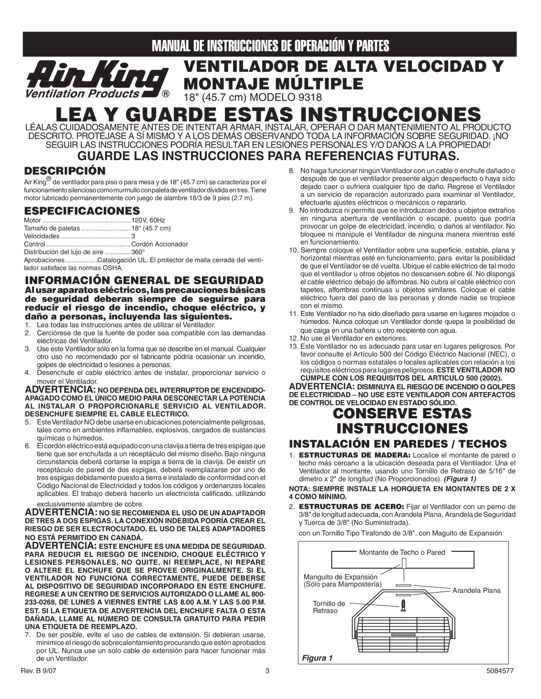 Air King 9318 operating instructions Descripción, Especificaciones, Instalación EN Paredes / Techos 