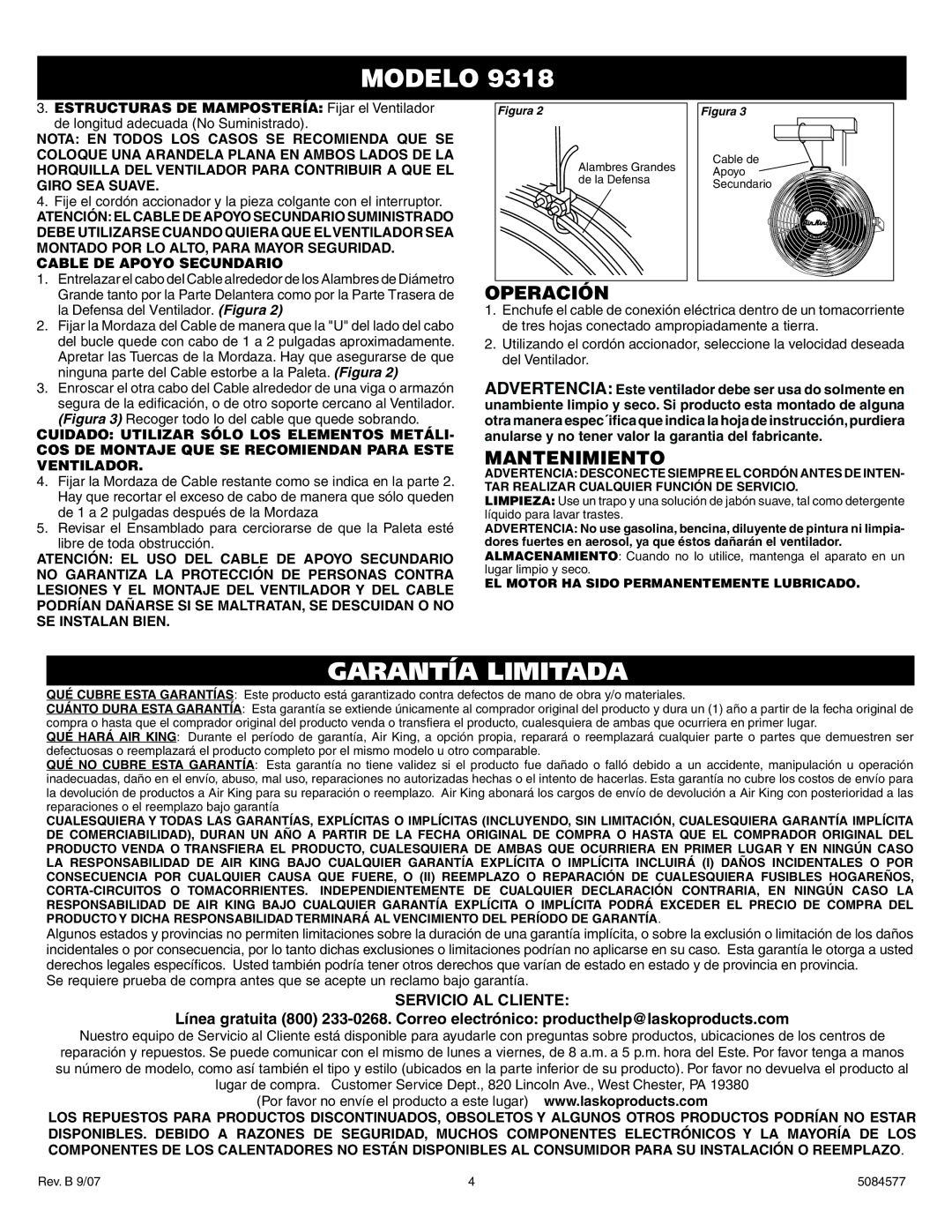 Air King 9318 operating instructions Operación, Mantenimiento 