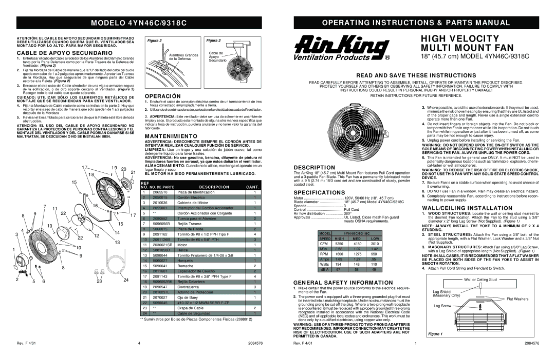 Air King 4YN46C specifications Cable DE Apoyo Secundario, Operación, Read and Save These Instructions, Mantenimiento 