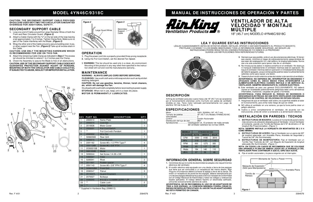 Air King 9318C, 4YN46C Secondary Support Cable, Operation, LEA Y Guarde Estas Instrucciones, Maintenance, Descripción 