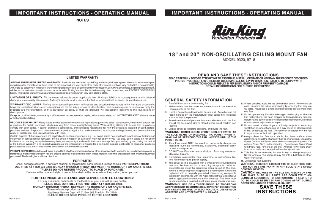 Air King 9718, 9320 warranty Read and Save These Instructions, General Safety Information, Limited Warranty, For Parts 