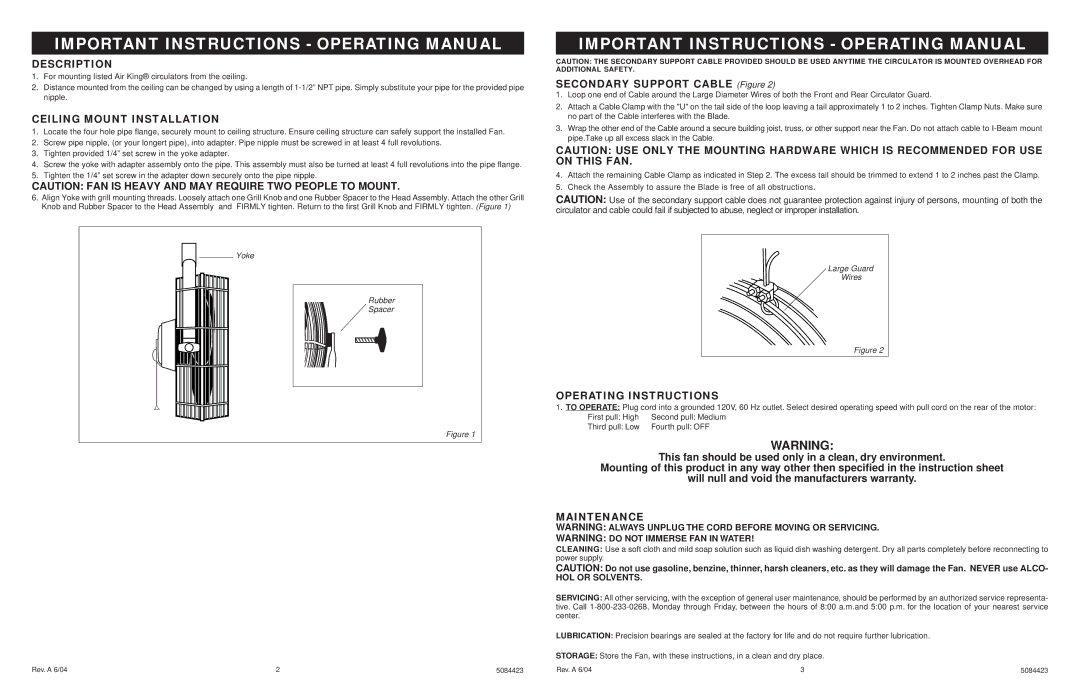 Air King 9320 Description, Ceiling Mount Installation, Secondary Support Cable Figure, Operating Instructions, Maintenance 