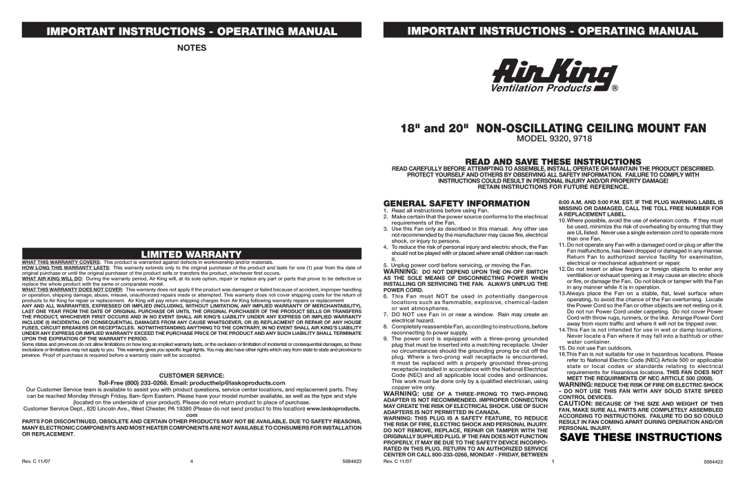 Air King 9718, 9320 warranty Read and Save These Instructions, General Safety Information, Customer Service 