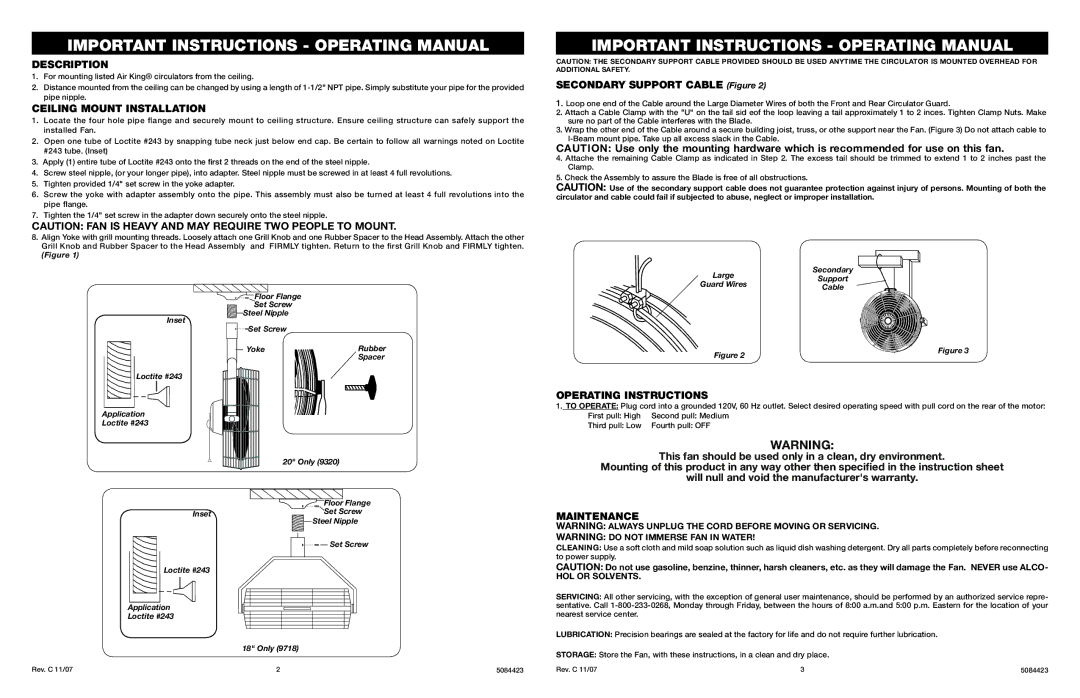 Air King 9320, 9718 warranty Description, Ceiling Mount Installation, Operating Instructions, Maintenance, HOL or Solvents 