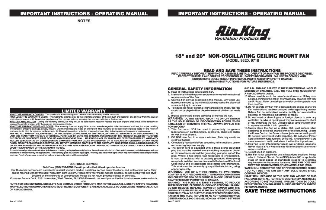 Air King 9718 warranty Important Instructions - Operating Manual, Limited Warranty, For Parts, Save These Instructions 