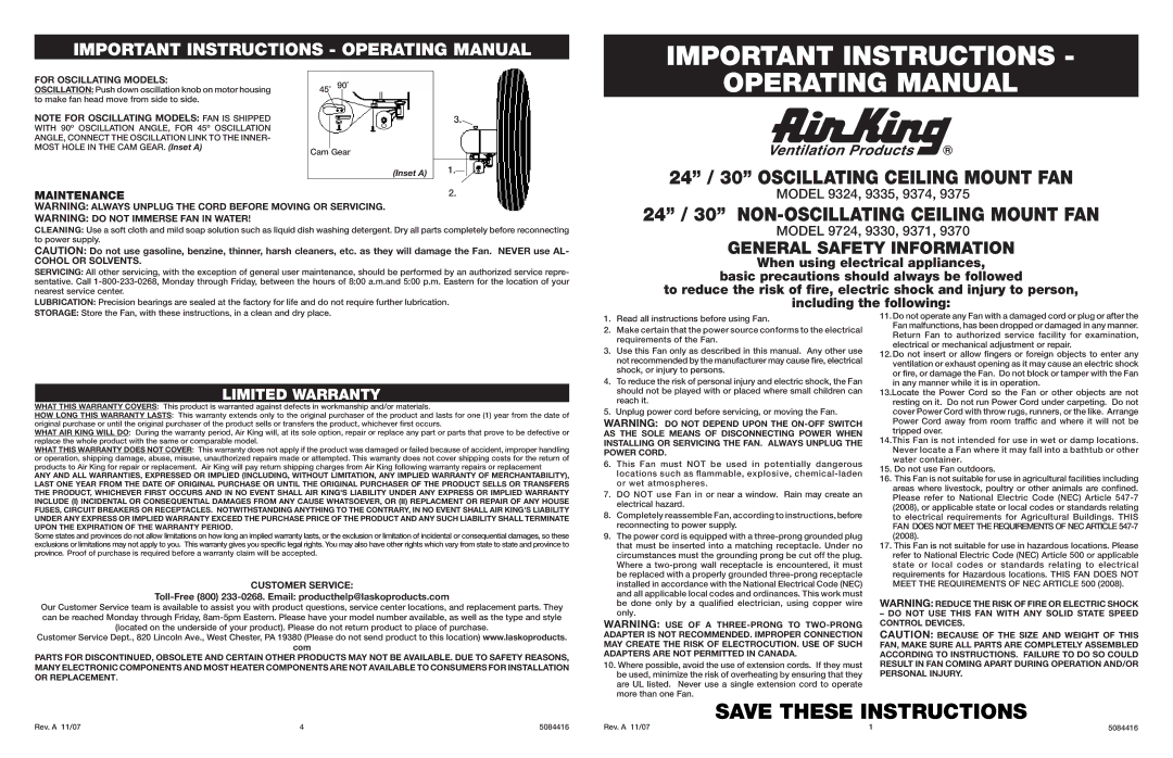 Air King 9724, 9375 warranty Important Instructions, Operating Manual, 24 / 30 Oscillating Ceiling Mount FAN, Maintenance 