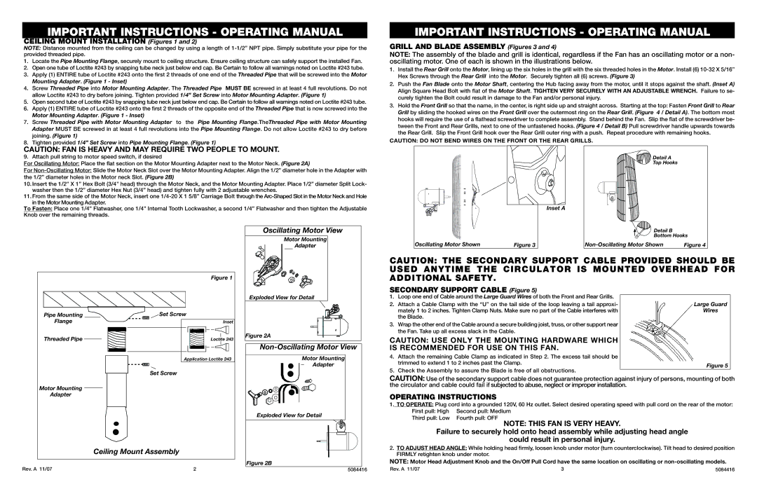 Air King 9324, 9375, 9724, 9374, 9330, 9371 Non-Oscillating Motor View, Ceiling Mount Assembly, Operating Instructions 