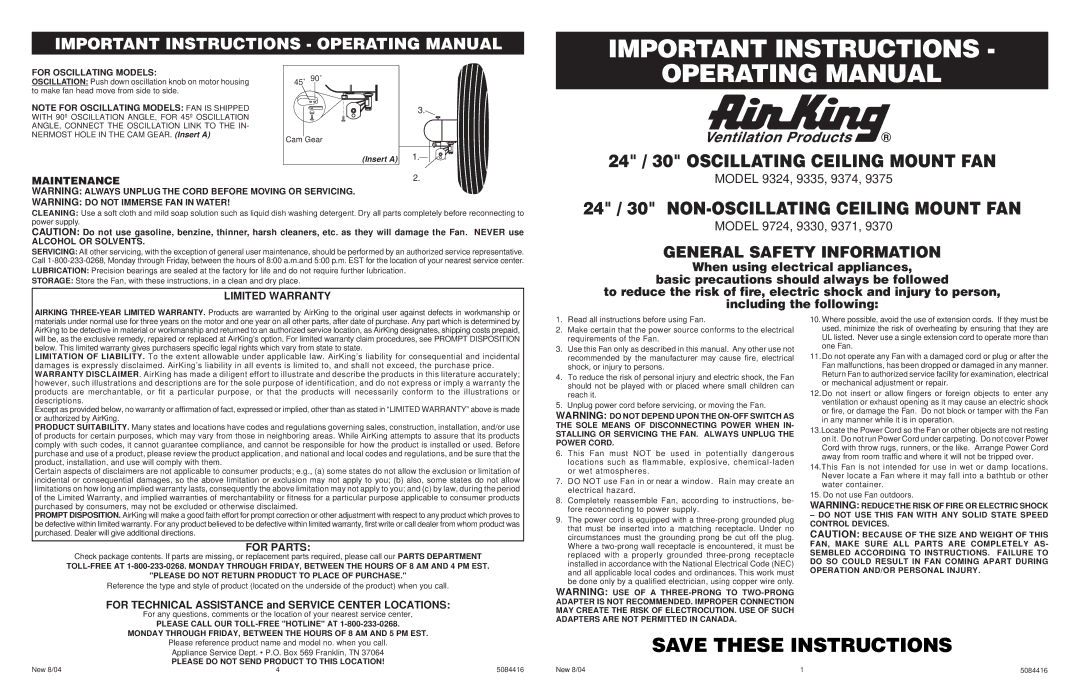 Air King 9724, 9375, 9324, 9374 warranty Important Instructions, Operating Manual, 24 / 30 Oscillating Ceiling Mount FAN 