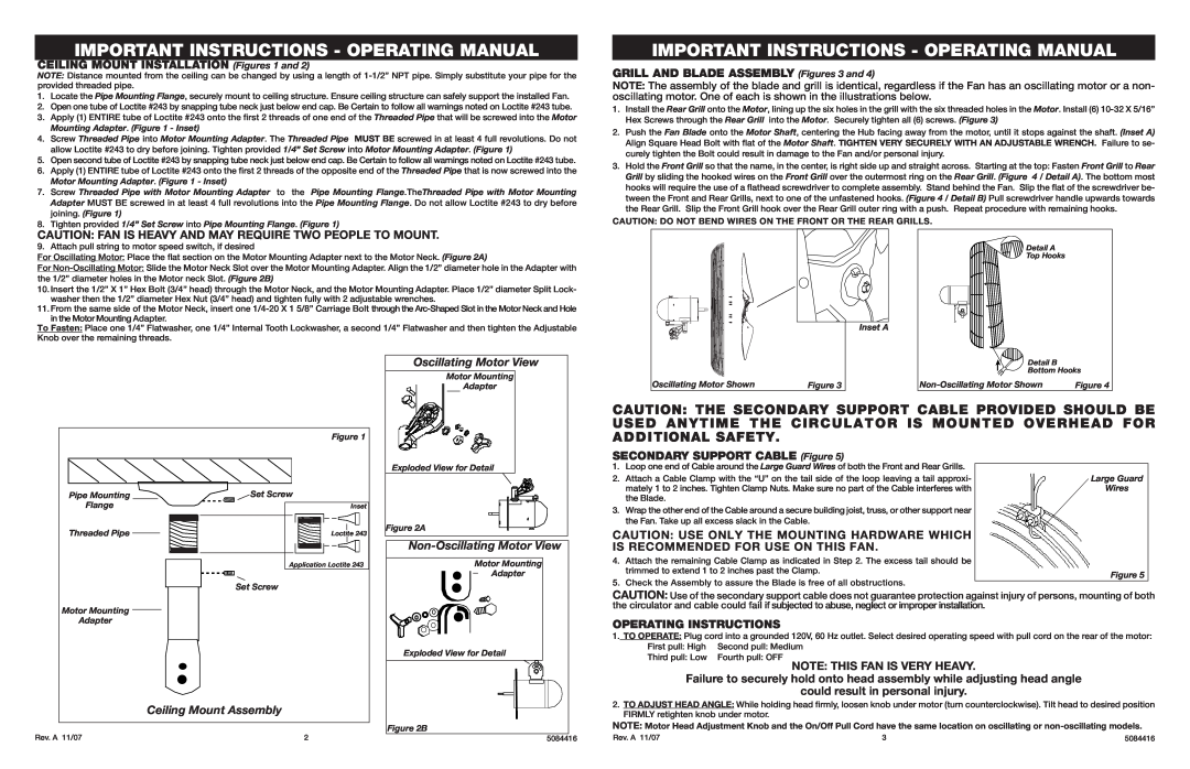 Air King 9324 CEILING MOUNT INSTALLATION Figures 1 and, GRILL AND BLADE ASSEMBLY Figures 3 and, Operating Instructions 