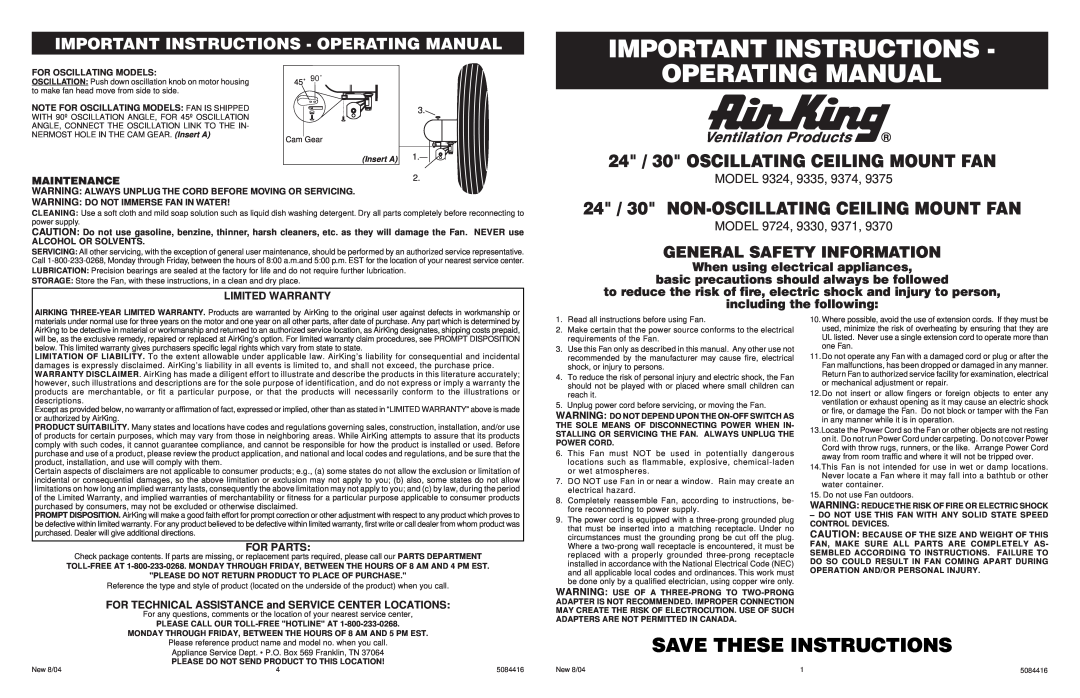Air King 9375 warranty Important Instructions - Operating Manual, When using electrical appliances, Model, MODEL 9724 