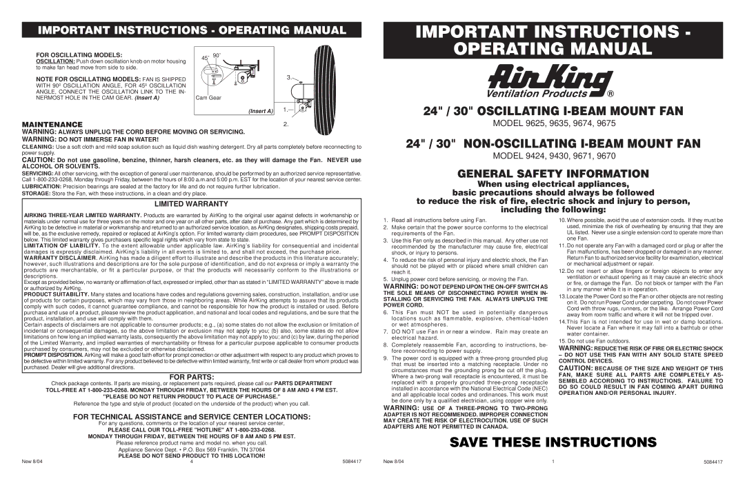 Air King 9424, 9430, 9670, 9674, 9671 warranty Important Instructions, Operating Manual, 24 / 30 Oscillating I-BEAM Mount FAN 