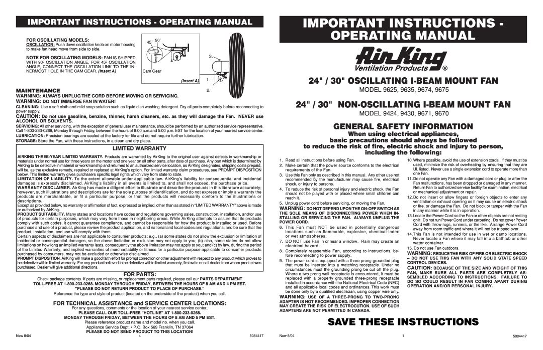 Air King 9424 warranty Important Instructions - Operating Manual, When using electrical appliances, Maintenance, For Parts 