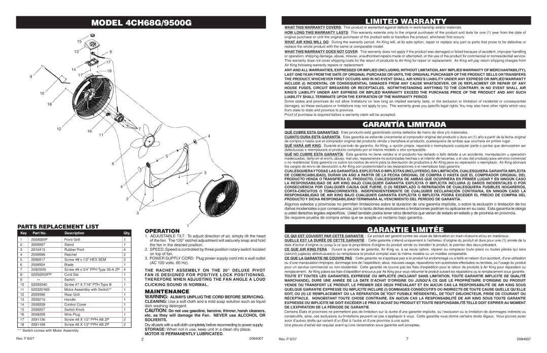 Air King 9500G, 4CH68G Parts Replacement List, Operation, Maintenance, 139 1418 817, Motor is Permanently Lubricated 