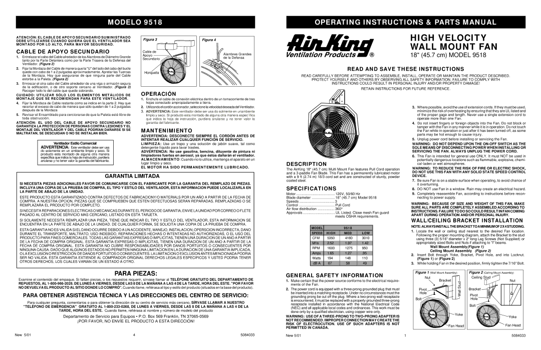 Air King 9518 specifications Cable DE Apoyo Secundario, Operación, Read and Save These Instructions, Mantenimiento 