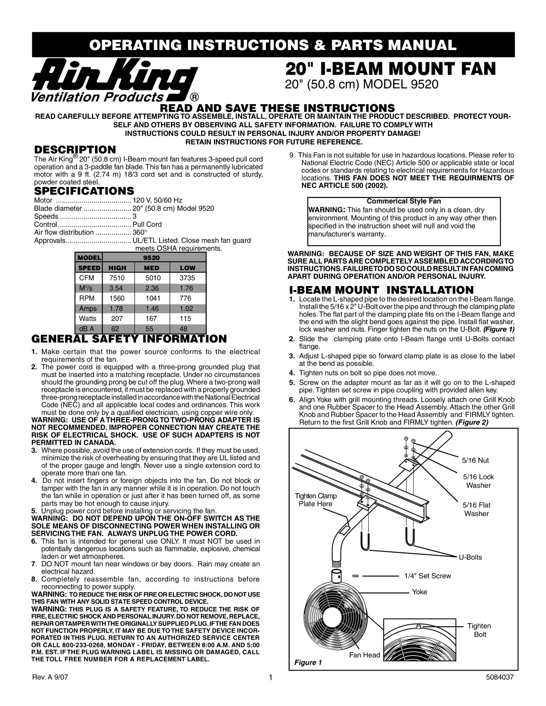 Air King 9520 operating instructions Read and Save These Instructions, Description, Specifications 