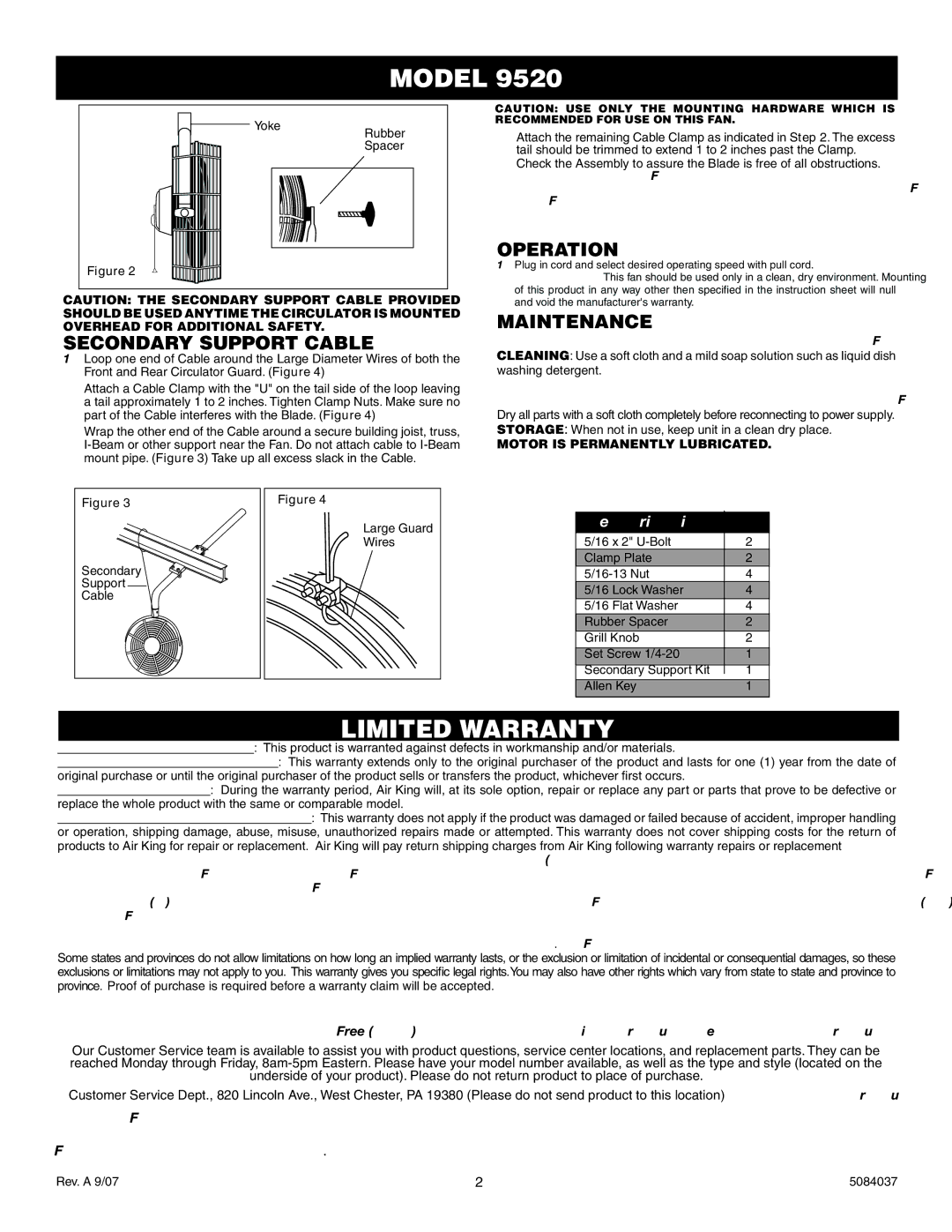 Air King 9520 operating instructions Secondary Support Cable, Operation, Maintenance, YokeRubber Spacer 