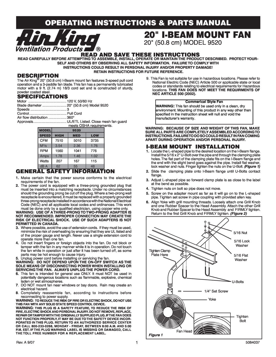 Air King 9520 operating instructions Operating Instructions & Parts Manual, Read And Save These Instructions, Description 