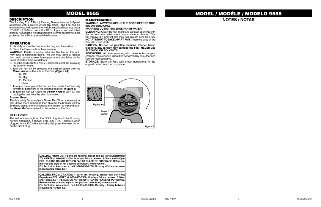 Air King 9555 warranty Description, Operation, Gfci Reset, Maintenance, Breaker Reset 