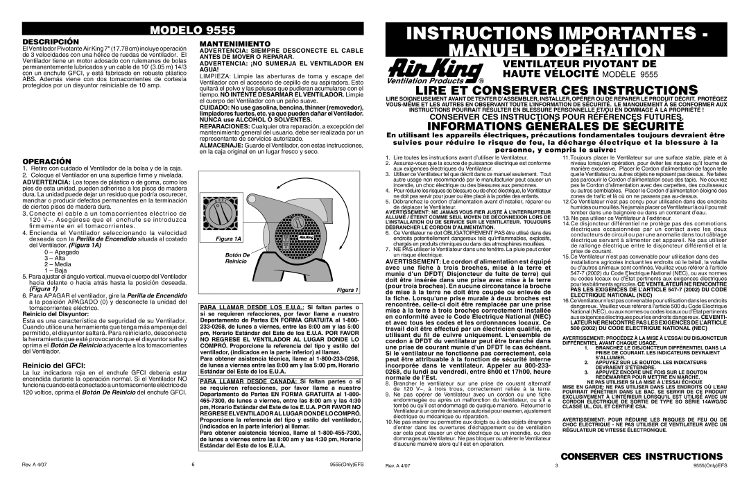 Air King 9555 warranty Instructions Importantes, Manuel D’OPÉRATION, Informations Générales DE Sécurité 