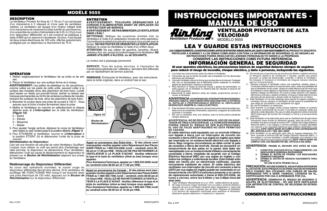 Air King 9555 warranty Instrucciones Importantes, Manual DE USO, Ventilador Pivotante DE Alta Velocidad 