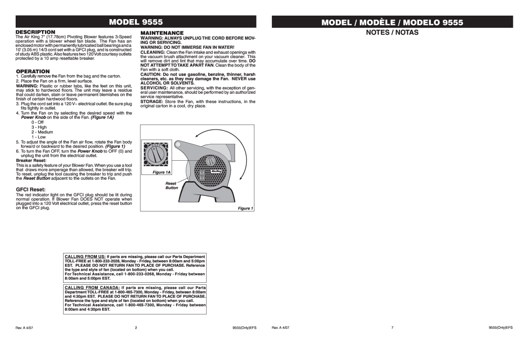Air King 9555 warranty Model / Modèle / Modelo, Notes / Notas, Description, Operation, GFCI Reset, Maintenance 