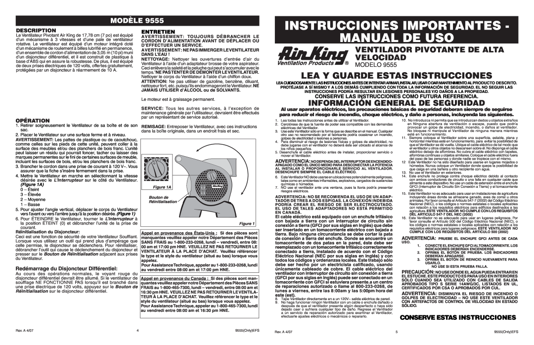 Air King 9555 Instrucciones Importantes, Manual De Uso, Lea Y Guarde Estas Instrucciones, Información General De Seguridad 