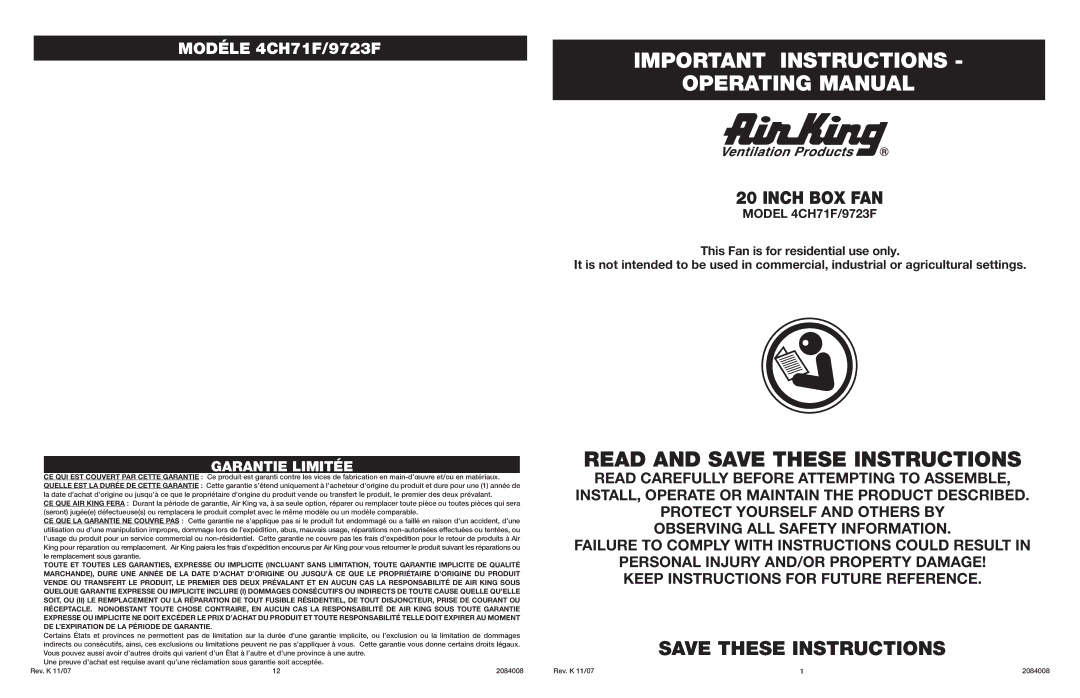 Air King 4CH71F, 9723F manual Important Instructions Operating Manual, Inch BOX FAN, Garantie Limitée 