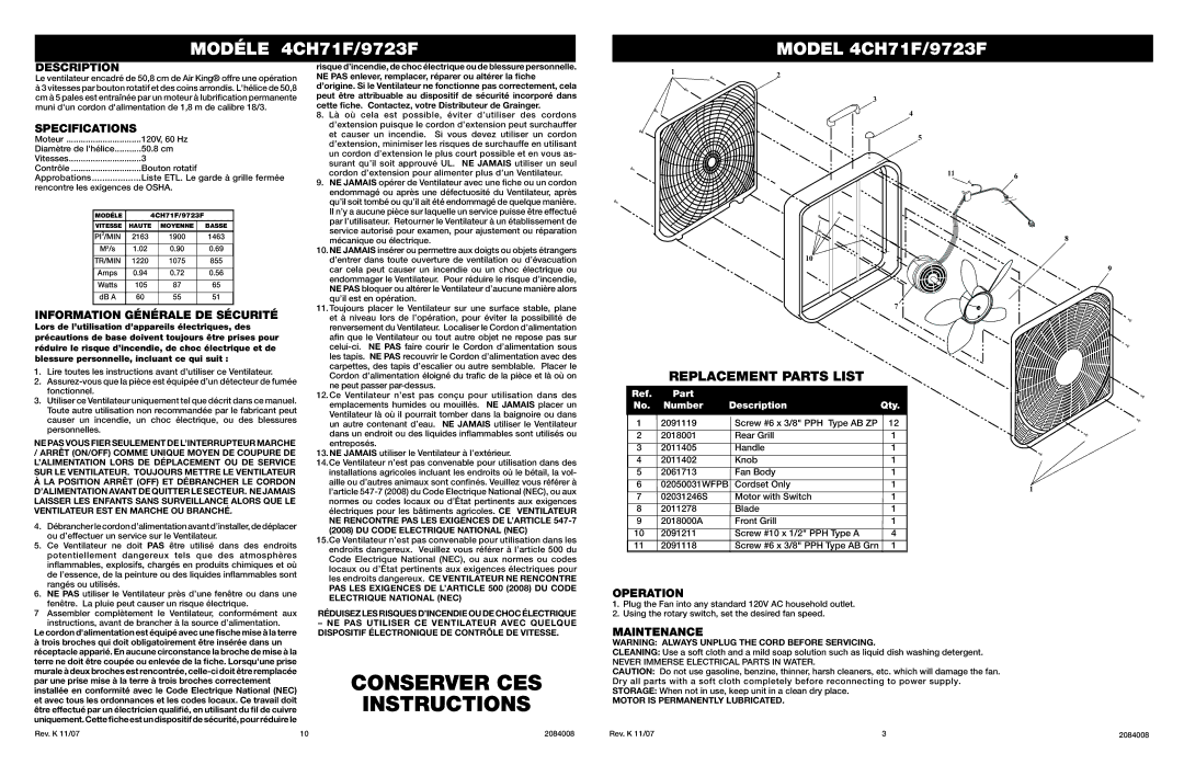 Air King 4CH71F Conserver CES Instructions, Information Générale DE Sécurité, Maintenance, Part Number Description Qty 