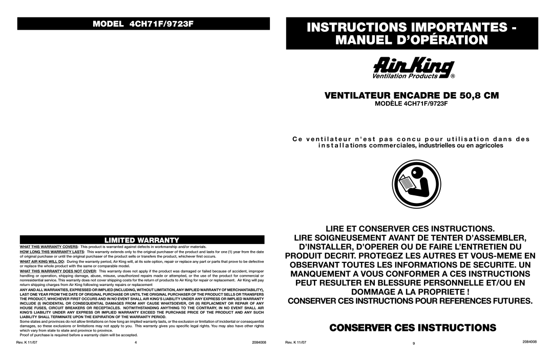 Air King manual Ventilateur Encadre DE 50,8 CM, Limited Warranty, Modèle 4CH71F/9723F 