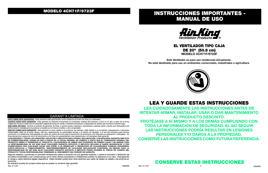 Air King 4CH71F Instrucciones Importantes Manual DE USO, LEA Y Guarde Estas Instrucciones, Conserve Estas Instrucciones 