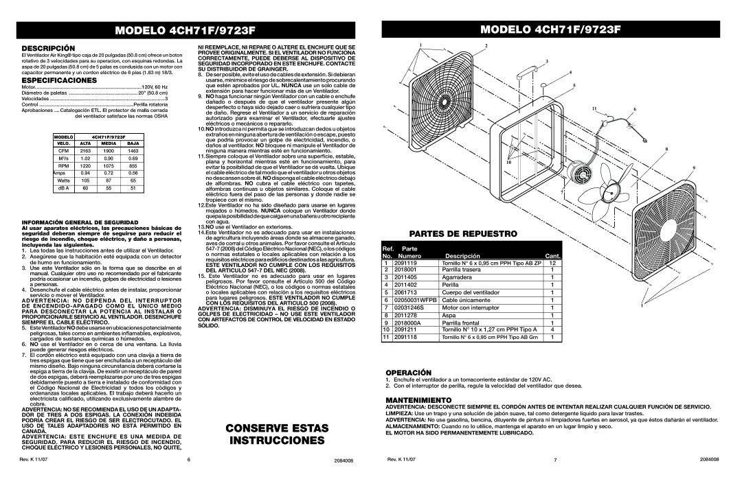 Air King 9723F, 4CH71F manual Conserve Estas Instrucciones, Partes DE Repuestro 